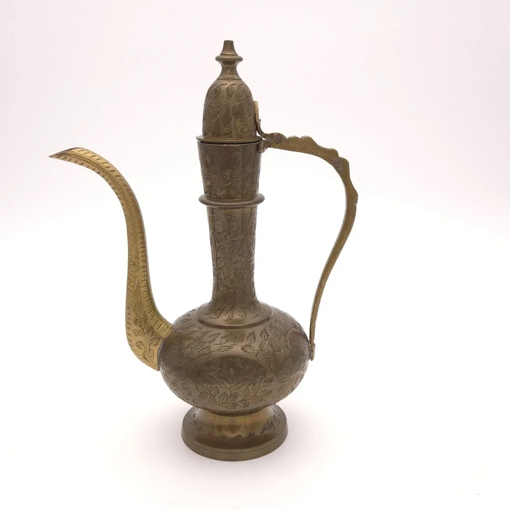 Beautiful Vintage 60s Aftaba Ewer Indian Brass Tea coffee Pot Signed Hand carved